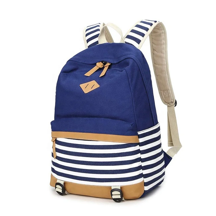 

New Arrival Wholesale Best Quality Canvas Waterproof School Bag Stripe Backpacks For Girls, Sky blue purple black light grey