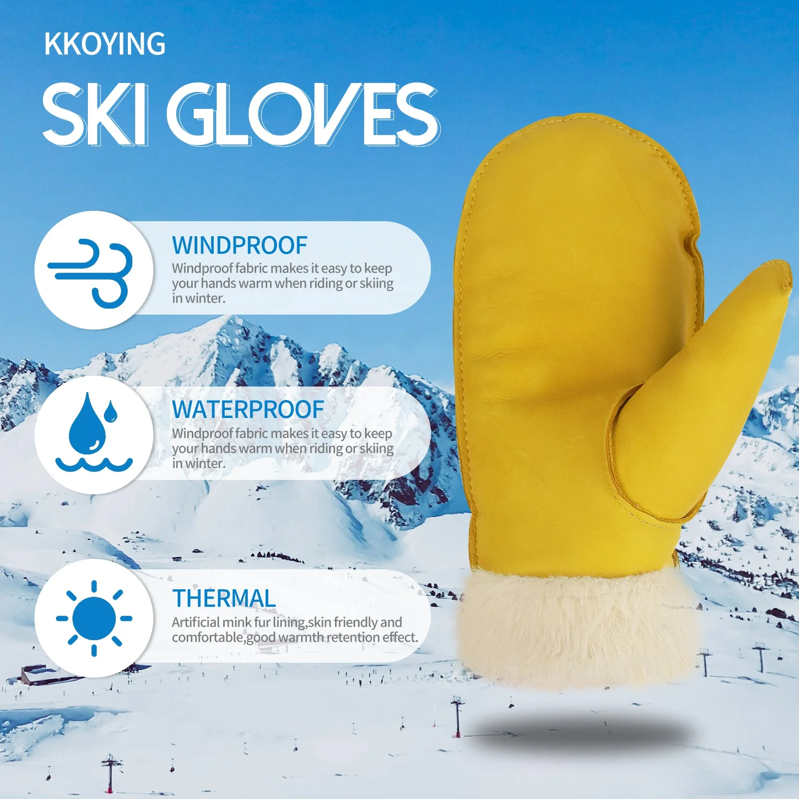 

New arrival winter yellow fashion warm waterproof skiing gloves for sport