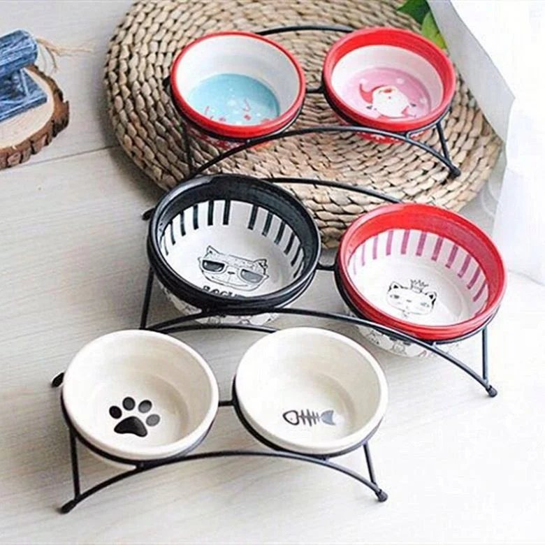 

Creative Ceramic Bowl Bone Paw Print Iron Frame Double Pet Drinking, Shown