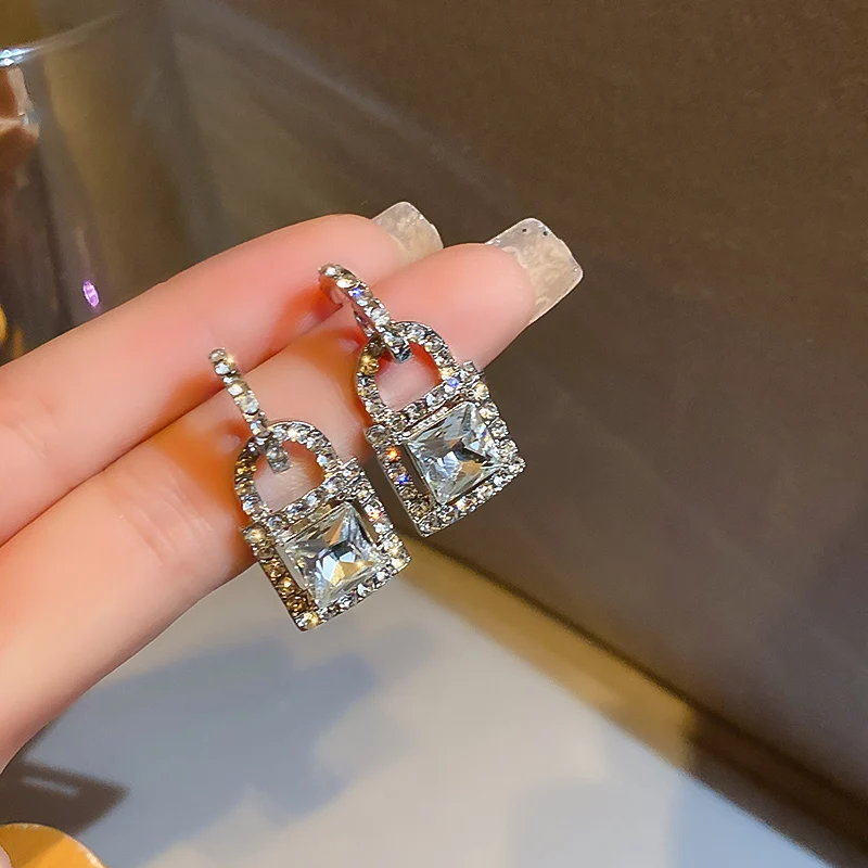 

trendy fashion stud crystal lock earrings rhinestone
