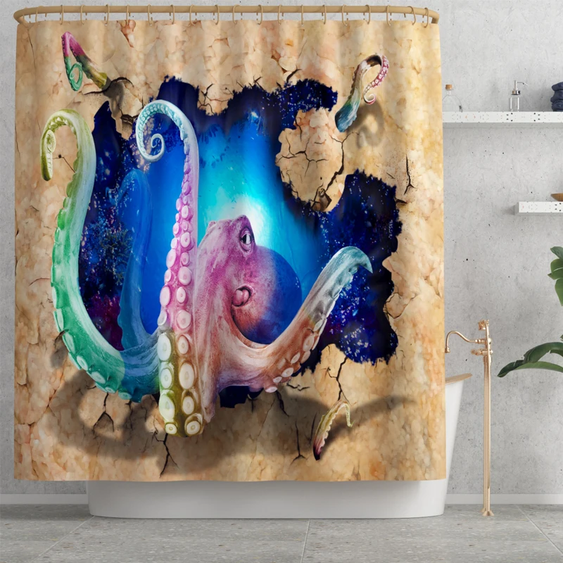 octopus waterproof polyester fabric 4 piece bathroom rug mat and shower curtain sets