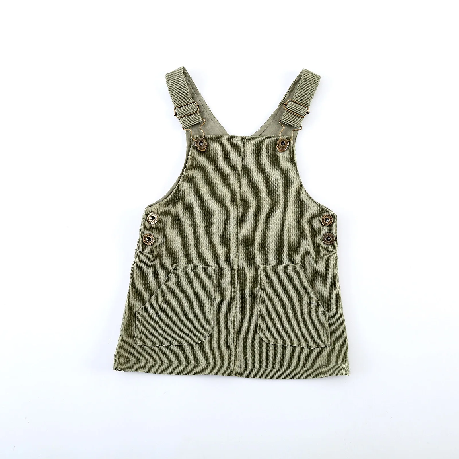 

RTS Baby Kids Casual Cute Sleeveless Straps Dress Solid Buttons Pockets Corduroy Suspender Dress