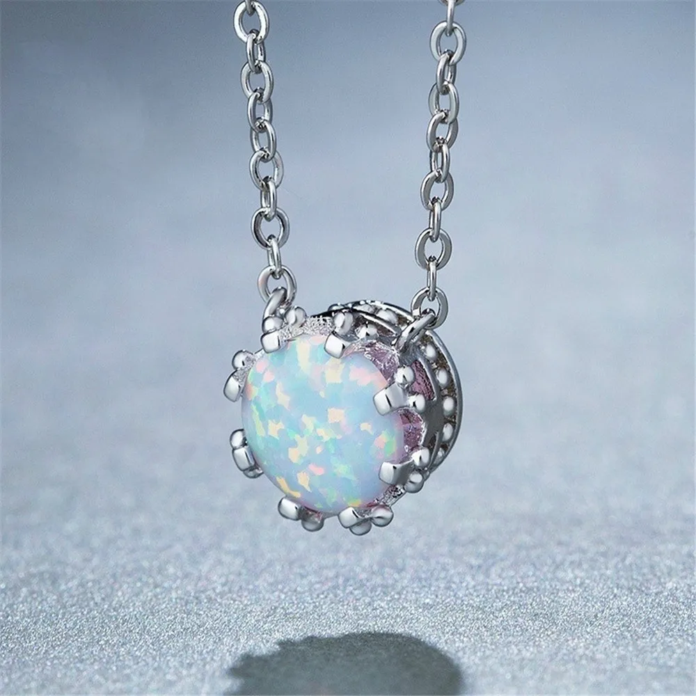 

2020 Women Fashion White Fire Opal Round Necklace Link Chian Geometric Round Necklace For Wedding Jewelry, As picture shows