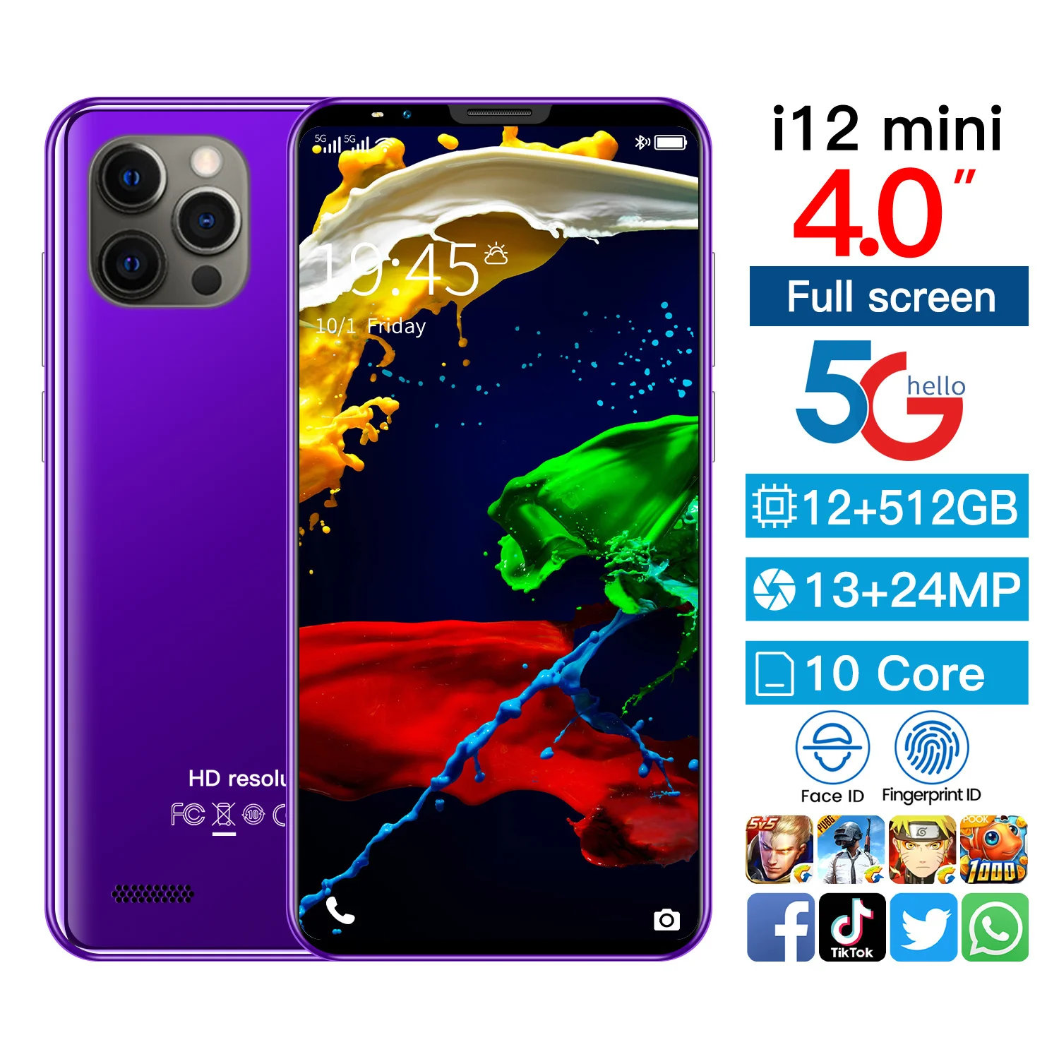 

New i12 mini smartphones 4.0 inch full screen 12+512GB large memory mobile phones 13+24MP camera smart cellphones