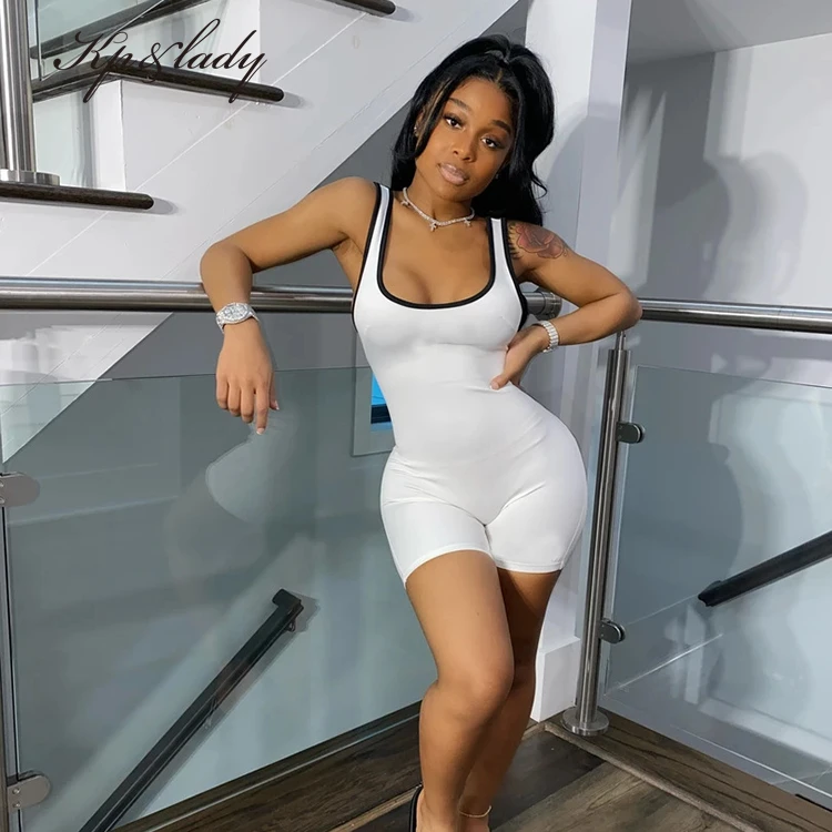 

Summer Women'S Short Sleeveless Round Neck White Suspenders Casual Tight-Fitting Jumpsuit, Custom color