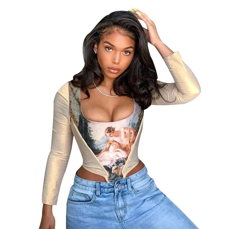 

Vintage Print Patchwork Fashion Women Corset Top Long Sleeve Autumn 2020 Aesthetic T Shirt Skinny Sexy Party Crop Tops, Khaki