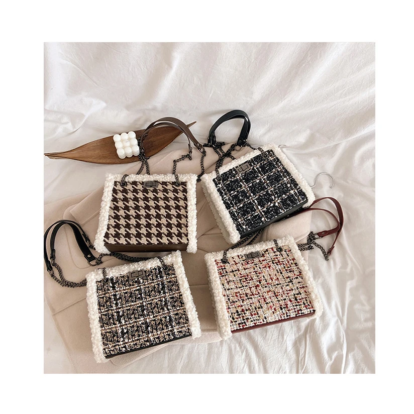 

Winter Classic Tweed Handbag For Women Lambswool Rimmed Crossbody Bag Lady Luxury Chains Shoulder Bags Houndstooth Clutch Purse