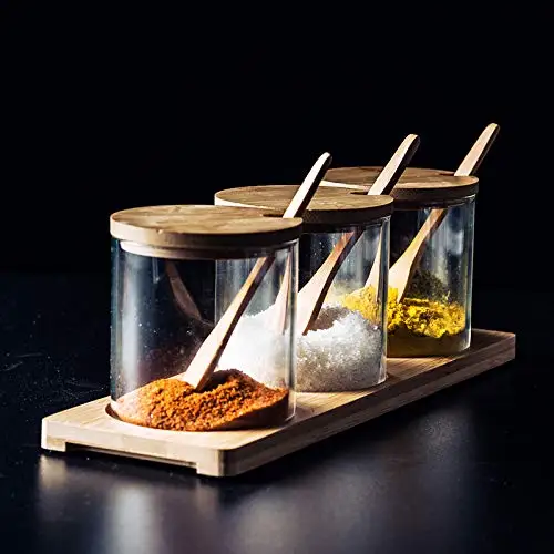 Condiment Container Seasoning Box Set Glass Condiment Canisters Pots With Wooden Spoon Lid And