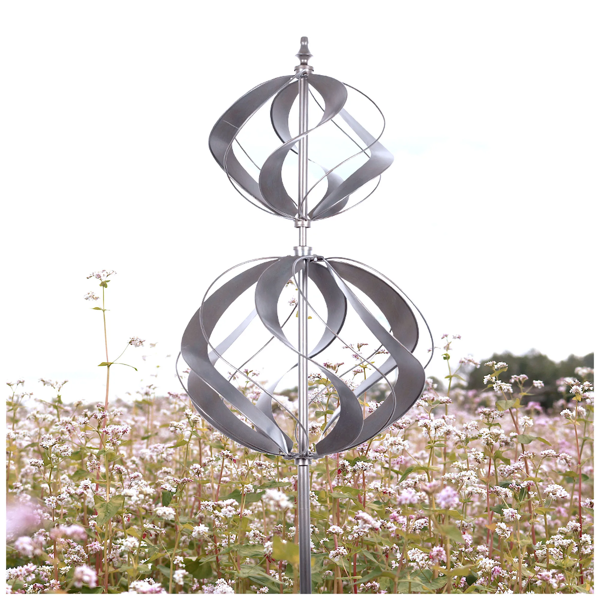 

Double Metal Spiral Sphere 3D Wind Spinner Outdoor Kinetic Spinner With Garden Stake