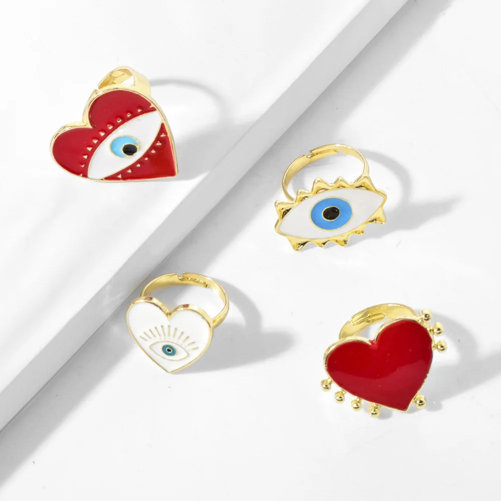

OUYE European and American hot models Devil's Eye Ring Alloy Open Drop Oil Heart-shaped Smiley Face Ring Female Jewelry, Colorful