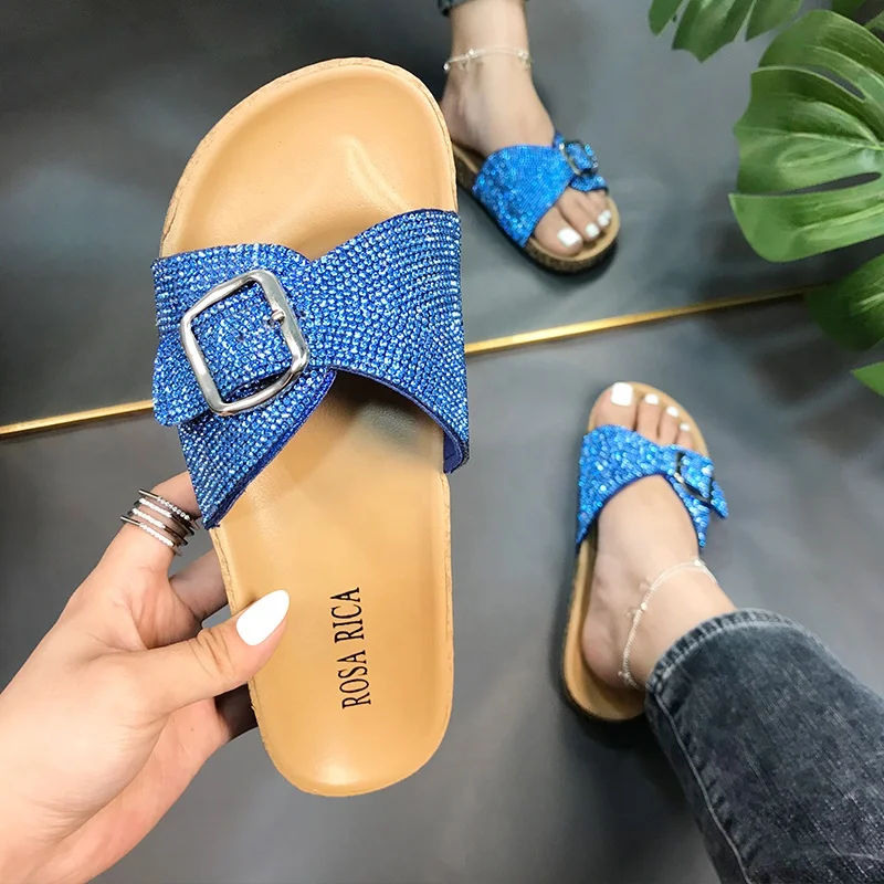 

Bling Diamond Slip-on Women Slide Sandal with Rhinestone Strap Slippers Rubber Plastic Sandals, Black, blue, white