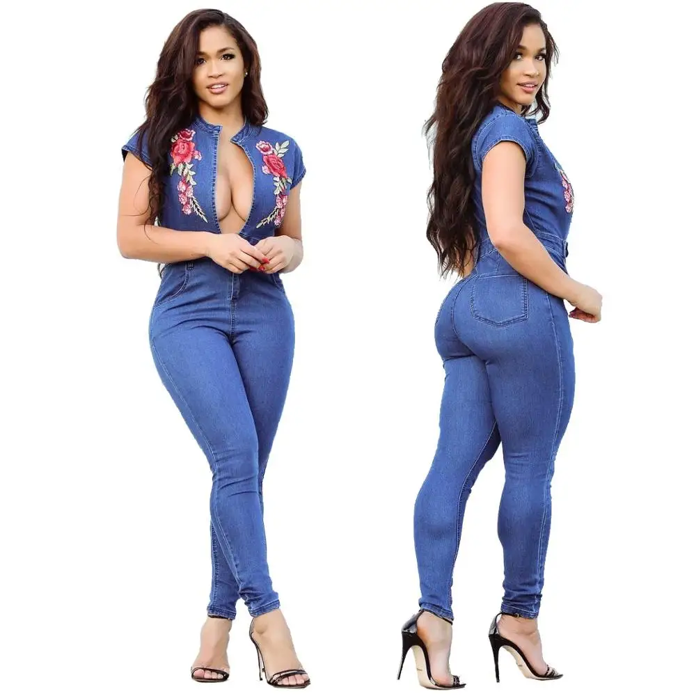 

Custom Woman Clothings Jean Romper Skinny Embroidered Flares Washed Jeans Denim Jumpsuit Romper Sexy One Piece Blue Pencil Pants