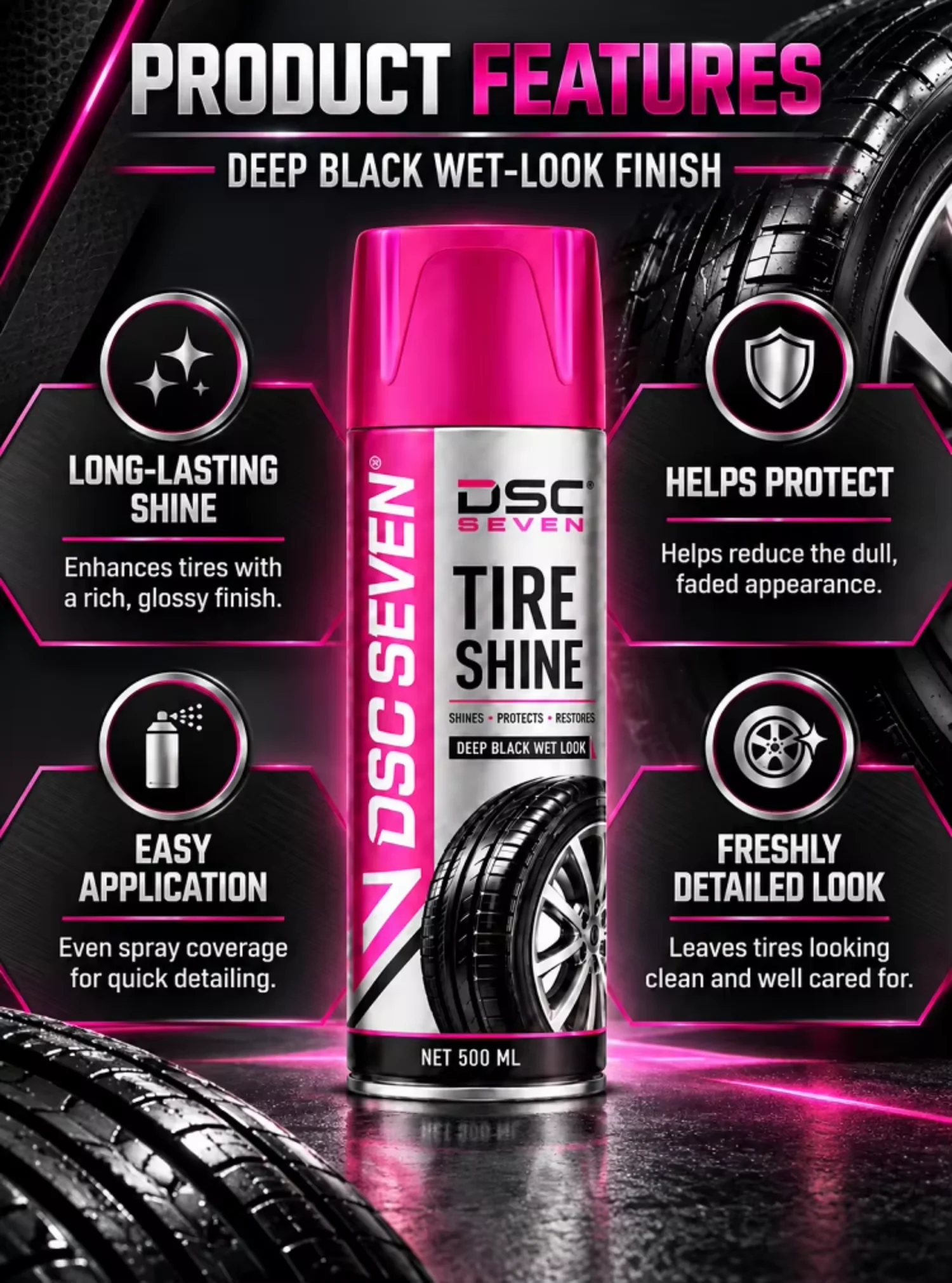 Automotive Tire Shine Aerosol Spray Black Wet Look Rubber Protectant 500ml Long Lasting Gloss Car Wheel Dressing Product