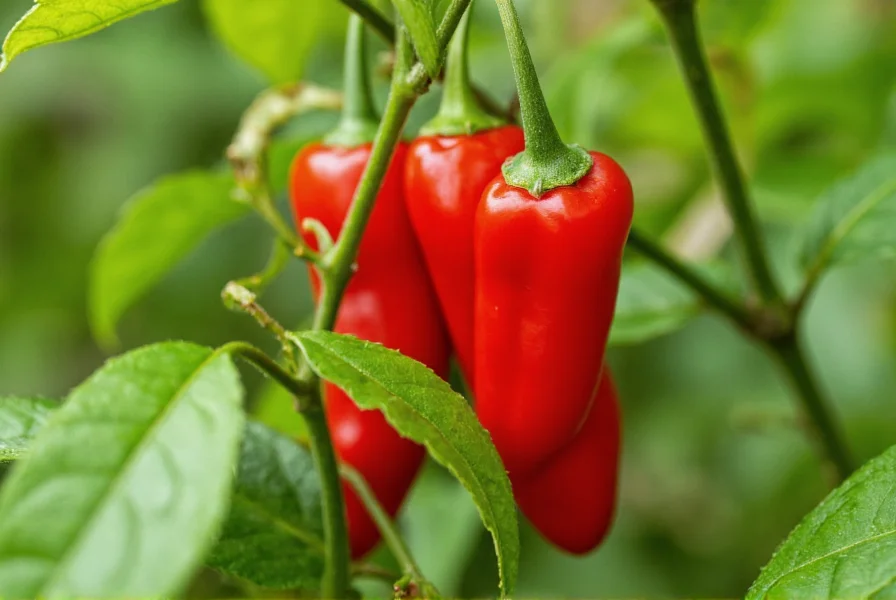 Close-up of fresh red Tabasco peppers growing on plant with green leaves