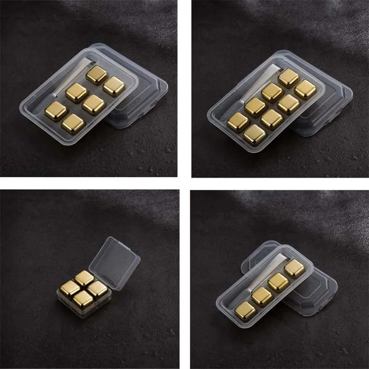 6PCS SET Stainless steel whisky stone Whiskey Rocks square shape with Golden Color