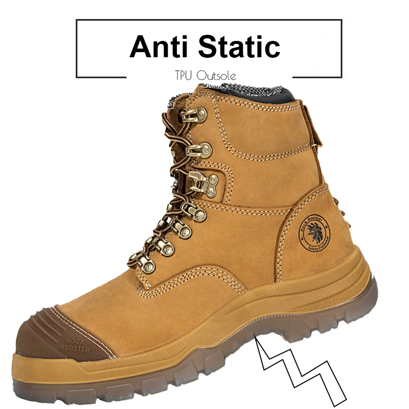 Rockrooster Top Quality Steel Toe Boots Work Boots Zip Mens Genuine Leather Mining Shoes