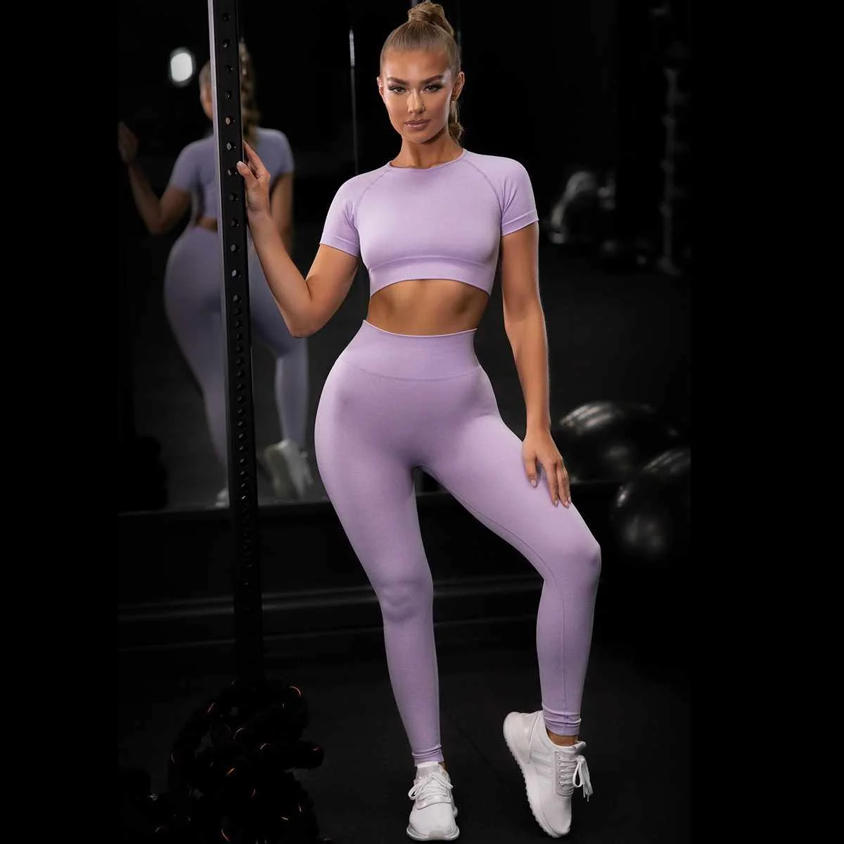 

2021 Quick Dry Crop Top T shirt Trouser Set Solid color Short Sleeves Leggings Sportswear Gym Clothes Women Yoga Sports Set, Customized colors