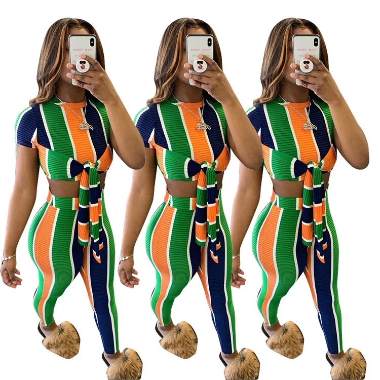 

Women's clothing Fashion Short Sleeve and Jogging Pants Leggings Striped 2pc Sets Yoga Outfit Two Piece Pant Set Sweater Women