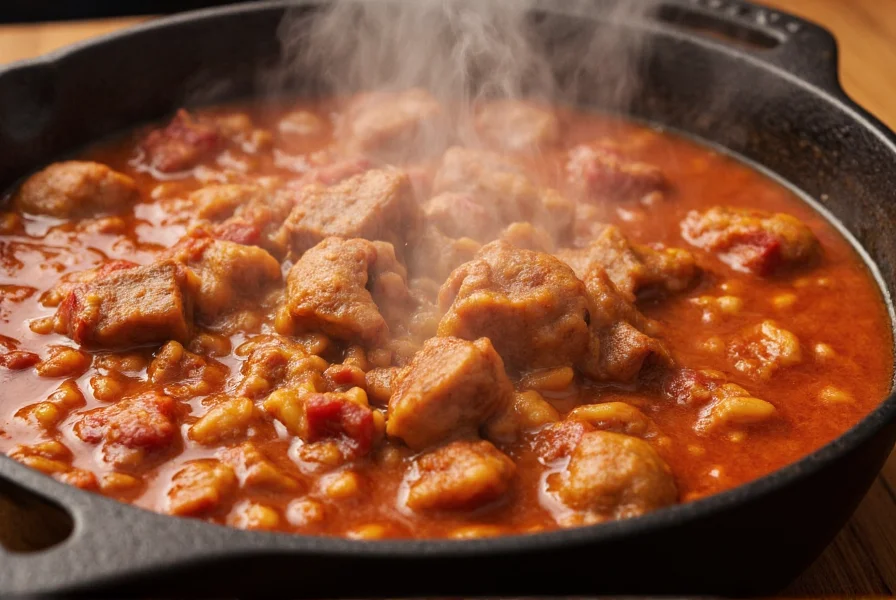 Close-up of steaming pork chili in cast iron pot with visible tender pork chunks and rich red broth