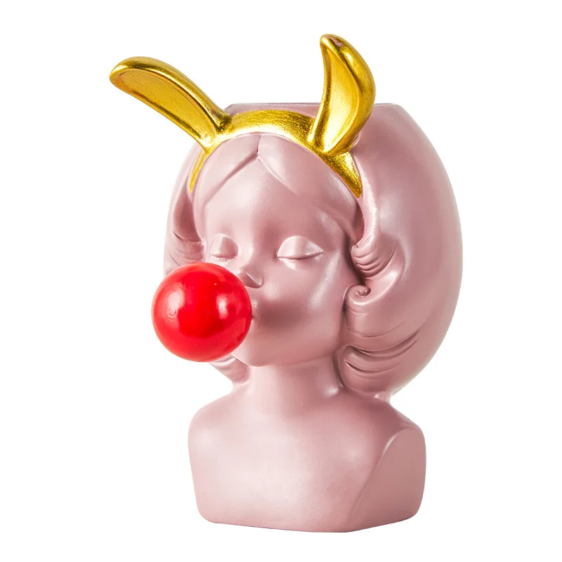 

Bubble Gum Decorative Small Flower Pot Modern Lovely Art Decoration Flower Arrangement 1 Piece Style Resin Vase Cute Girl