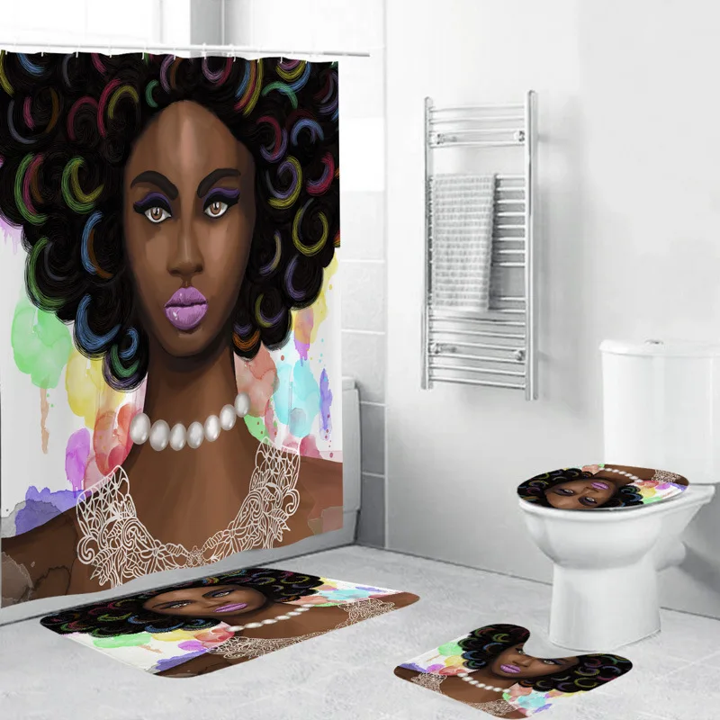

DDA231 Hot Custom Printed African Black Girl Bathroom 3pcs Carpet Set Bath Rug Mat Sets Waterproof Polyester Shower Curtain Set, 21 colors