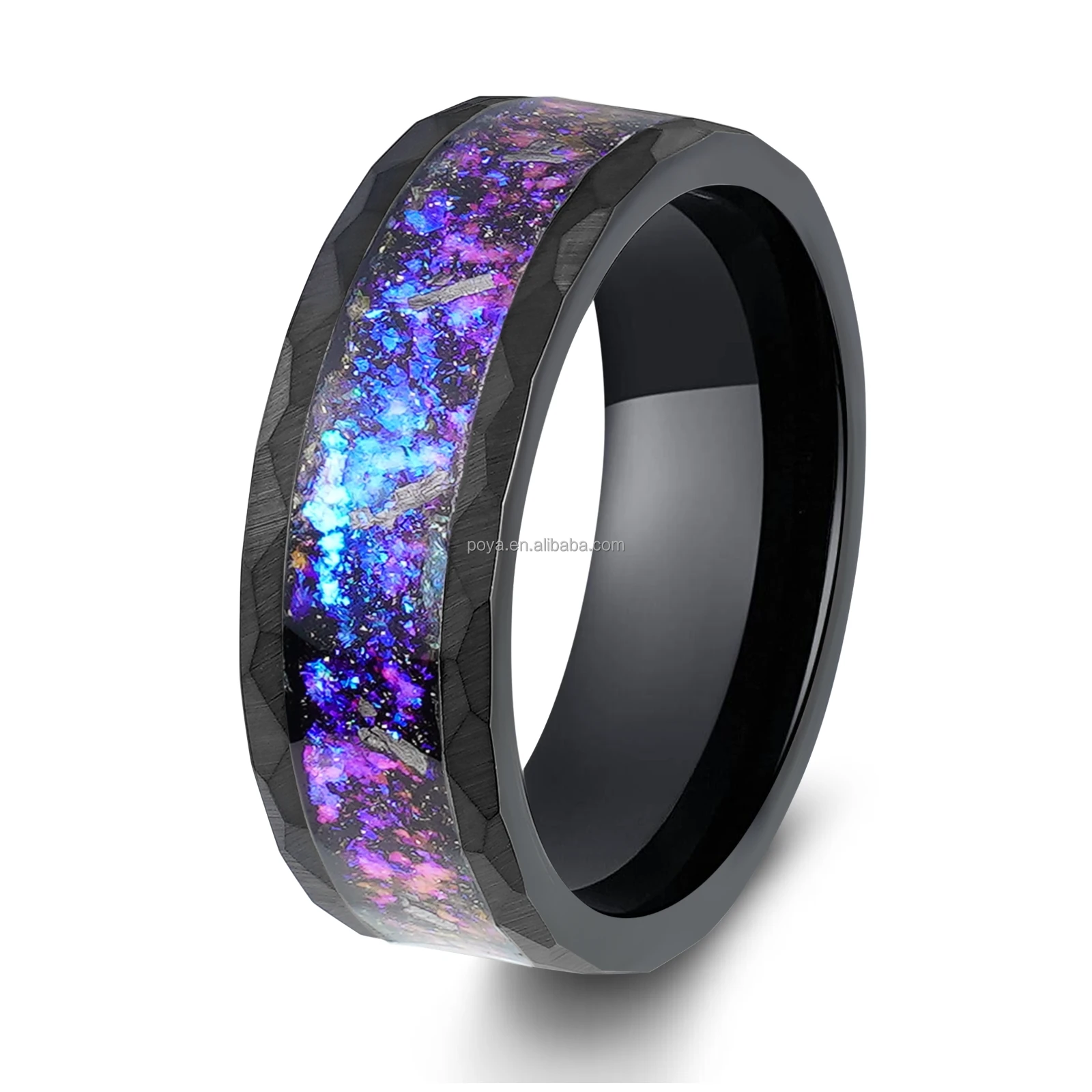 POYA  Romantic 8mm Black Hammered  Galaxy Tungsten Ring with Blue Galaxy Inlay Couples Ring Wedding Engagement Anniversary Gift