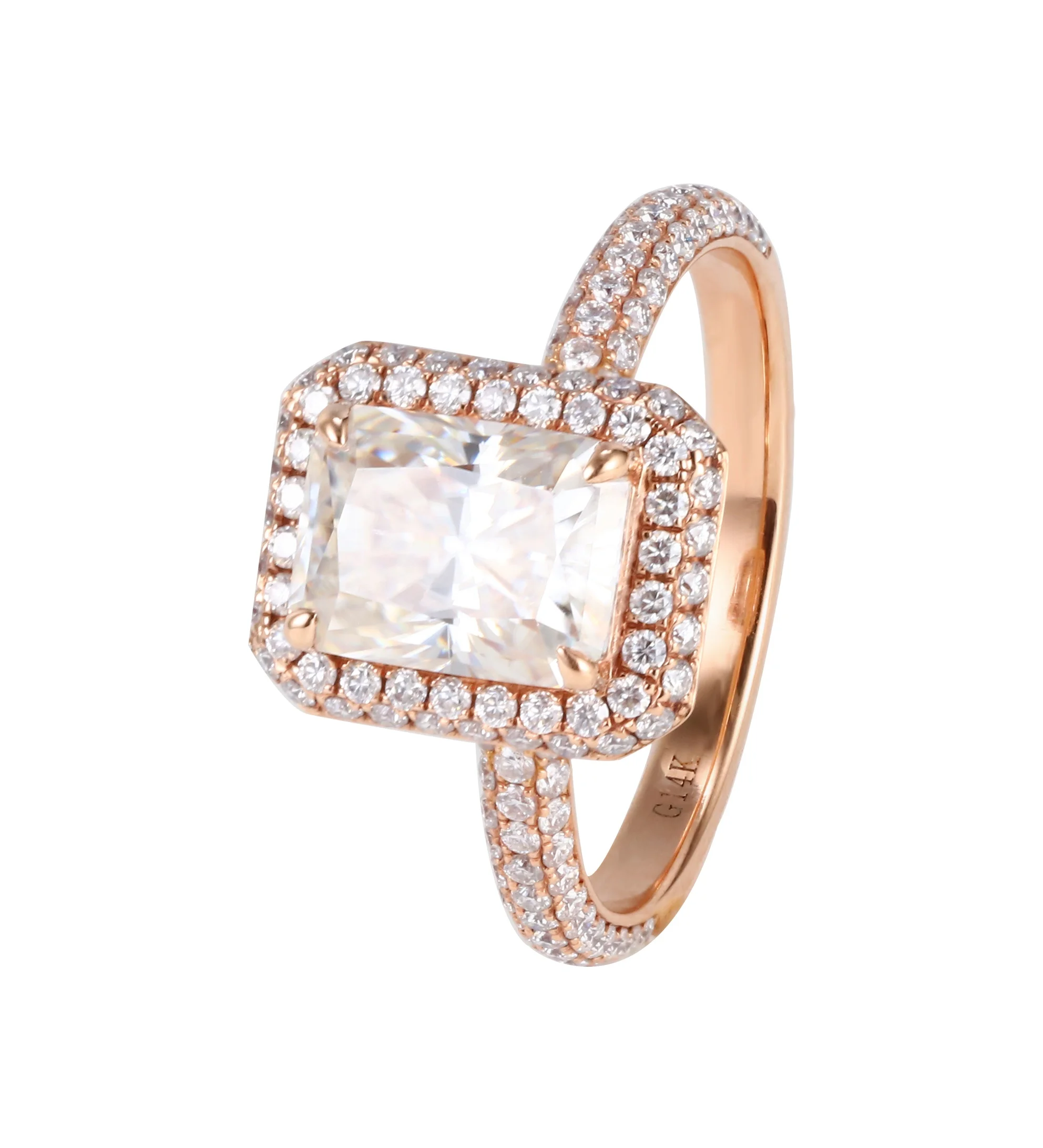 

New Arrival Anniversary Gift 2.0ct Emerald Cut Moissanite Rose Gold Engagement Ring, Picture shows