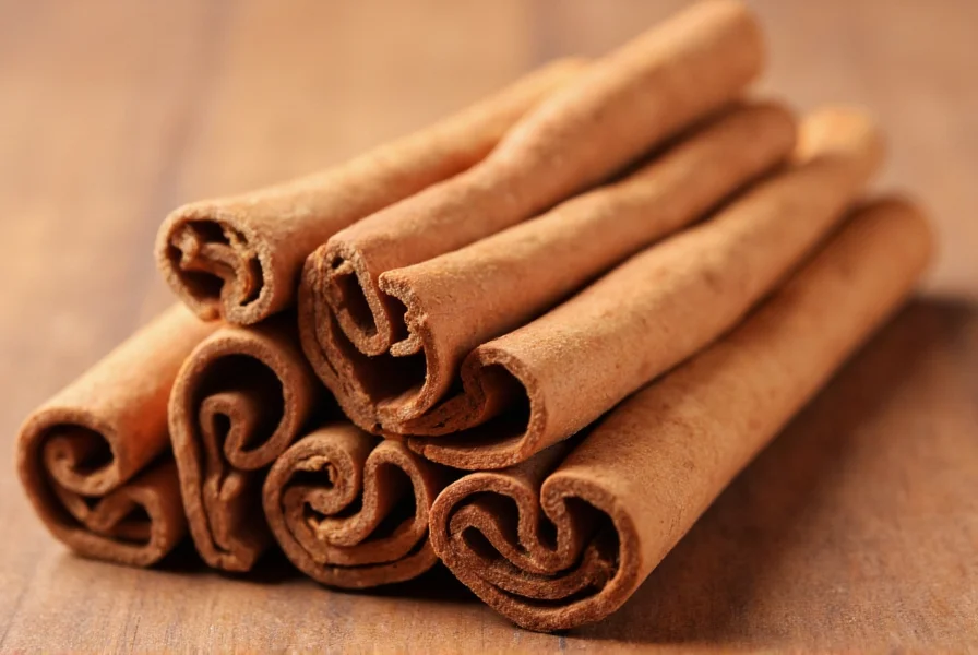 Close-up of cinnamon sticks showing the distinctive rolled bark structure of true cinnamon spice