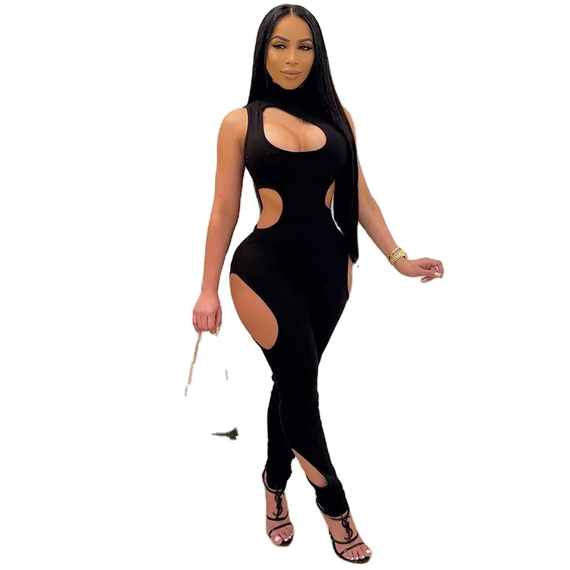 

2022 summer new arrival sexy hollow out black high waist sleeveless casual party jumpsuit elegant for women