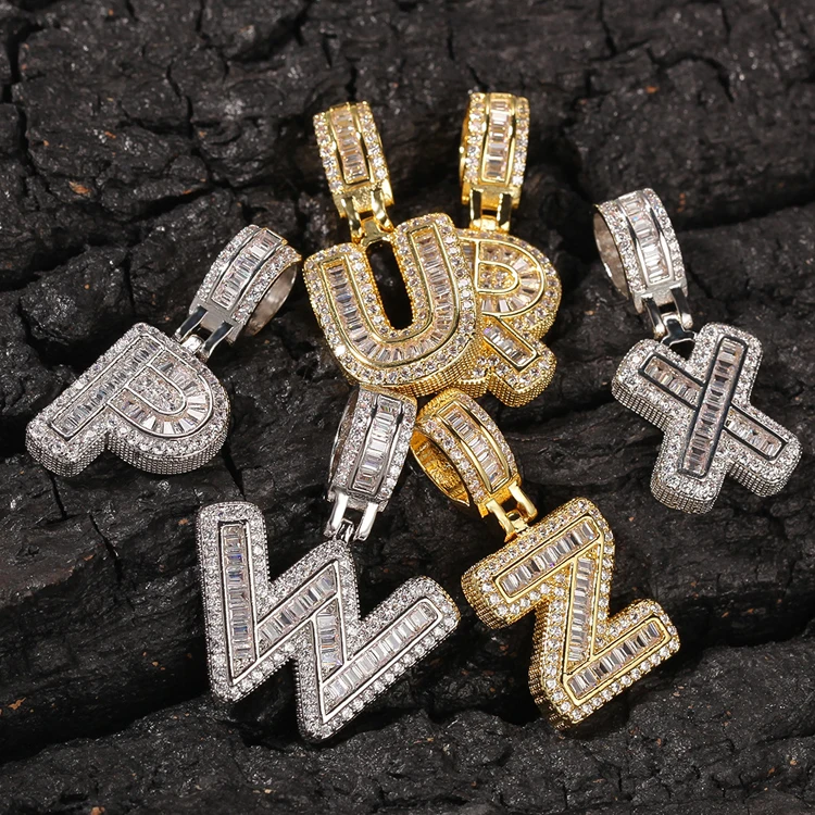 

2021 Necklaces Women Hiphop Jewelry Tennis Zircon Initial Letter Necklaces Iced Out Miami Baguette Custom Name Cuban Link, Gold sliver