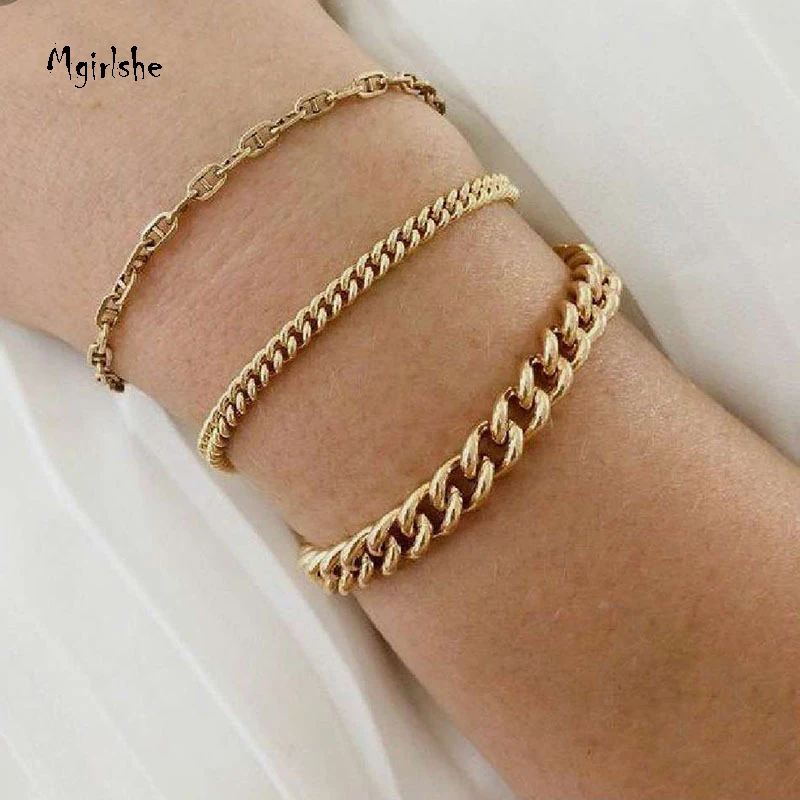 

Mgirlshe 2021 New Arrivals Cuban Chain Bracelet Men Women Stainless Steel 18K Gold Plated Chains For Men Women, As picture