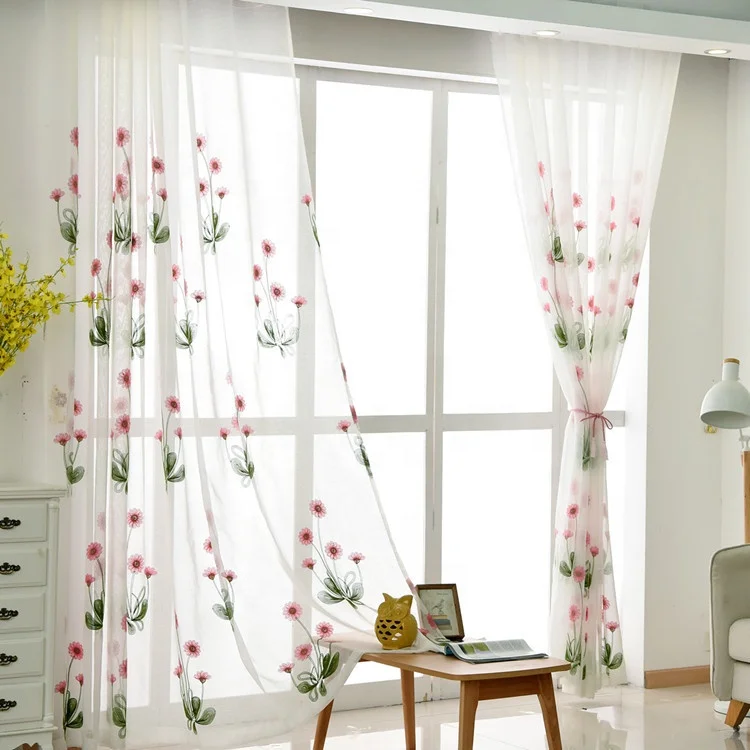 

Hot Amazon supplier polyester tulle wholesale custom floral embroidery white pink butterfly sheer curtains for the living room