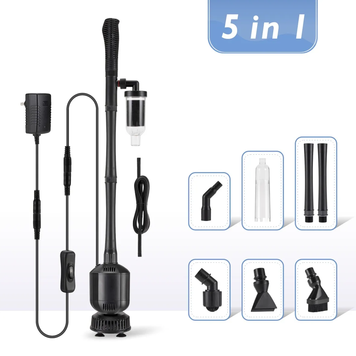 

Hygger 5 in 1 Aquarium Cleaning Tool Set Sand Vacuum + Debris Vacuum + Brush Head + Sand Washing Head+360 water intake strainer