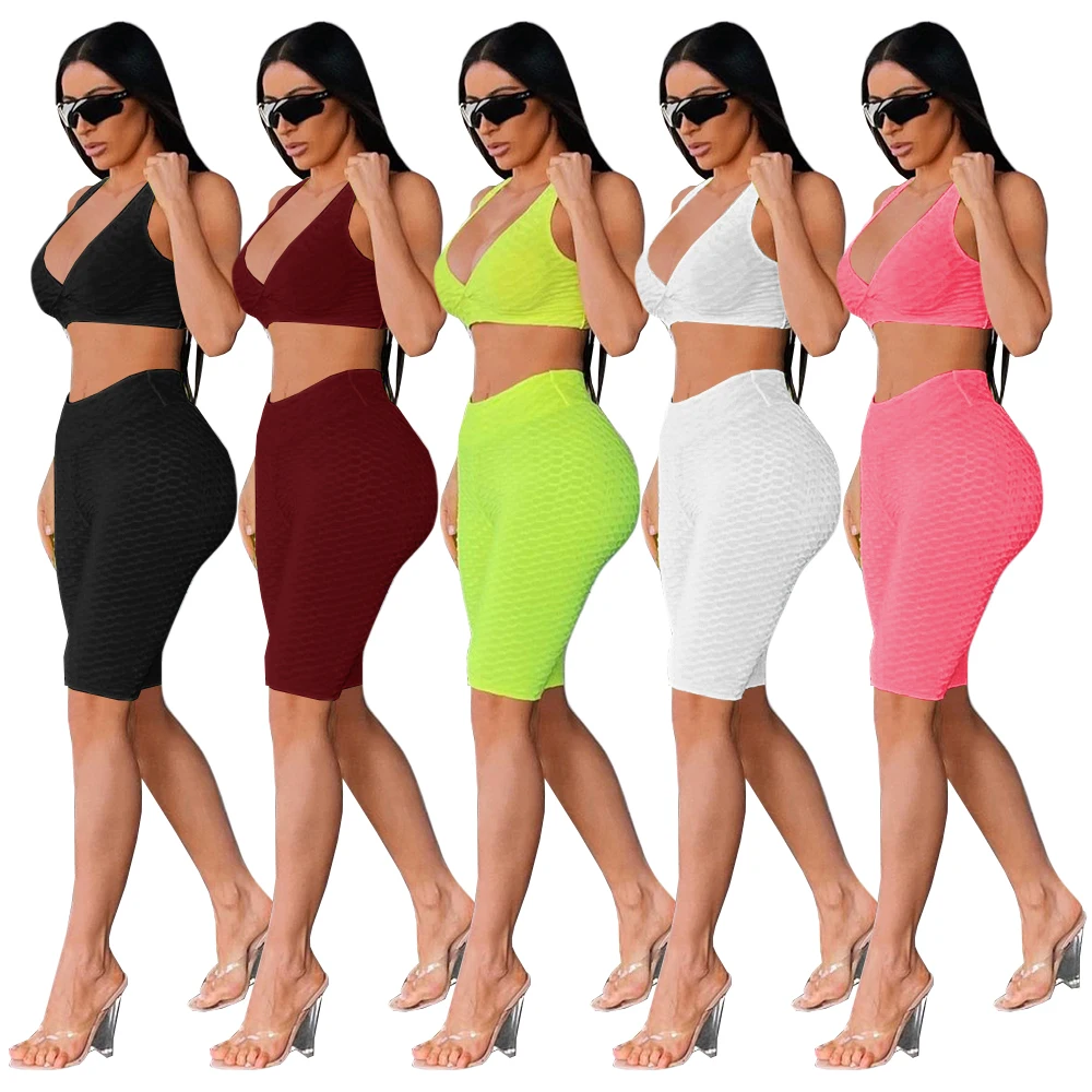 

2021 Woman Solid Color Vest Yoga Vest Sportswear Leisure Scrunch 2 Piece Shorts Set