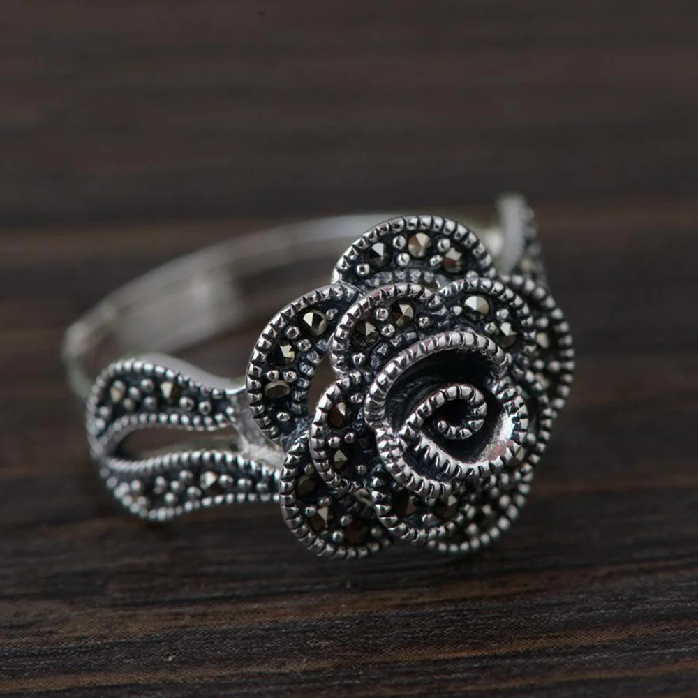 

925 Sterling Silver Flowers Rose Rings Resizable For Women Black Mosaic Inlaid Thai Silver Retro Vintage Jewelry Aneis Feminino