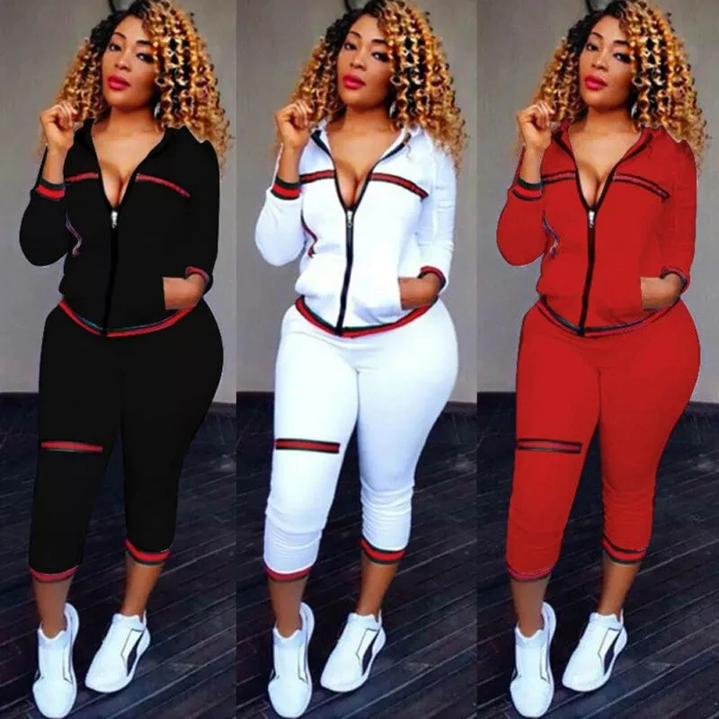 

Fall 2021 Women's Sportswear 2pcs Women's Hooded Long Sleeve Zip Crop TopsPants Trousers Loose Casual Clothes Set sweat shirt