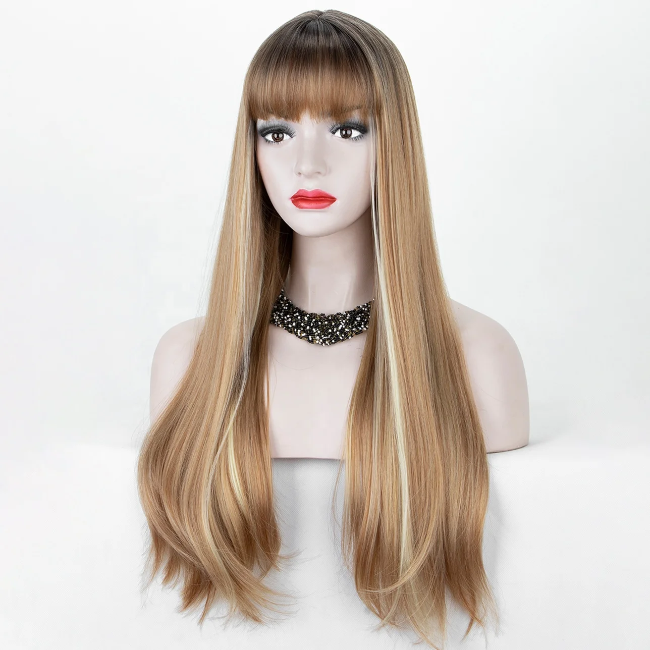 

Aliblisswig Natural Looking Highlight Blonde Long Straight Heat Resistant Fiber Hair None Lace Synthetic Wigs with Full Bangs