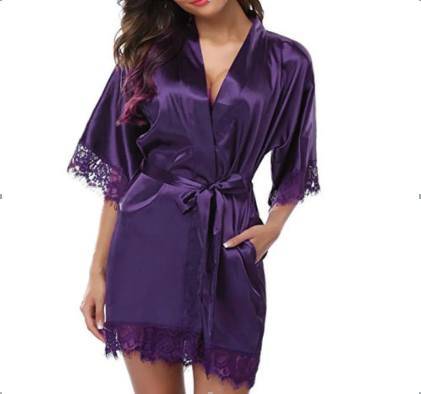 

Wholesale Sexy Plus Size Fat Nightdress Sexy Loose Lace Bathrobe Silk Pajamas Women, Red, purple, black, white,gray, skin color, light blue, royal blue