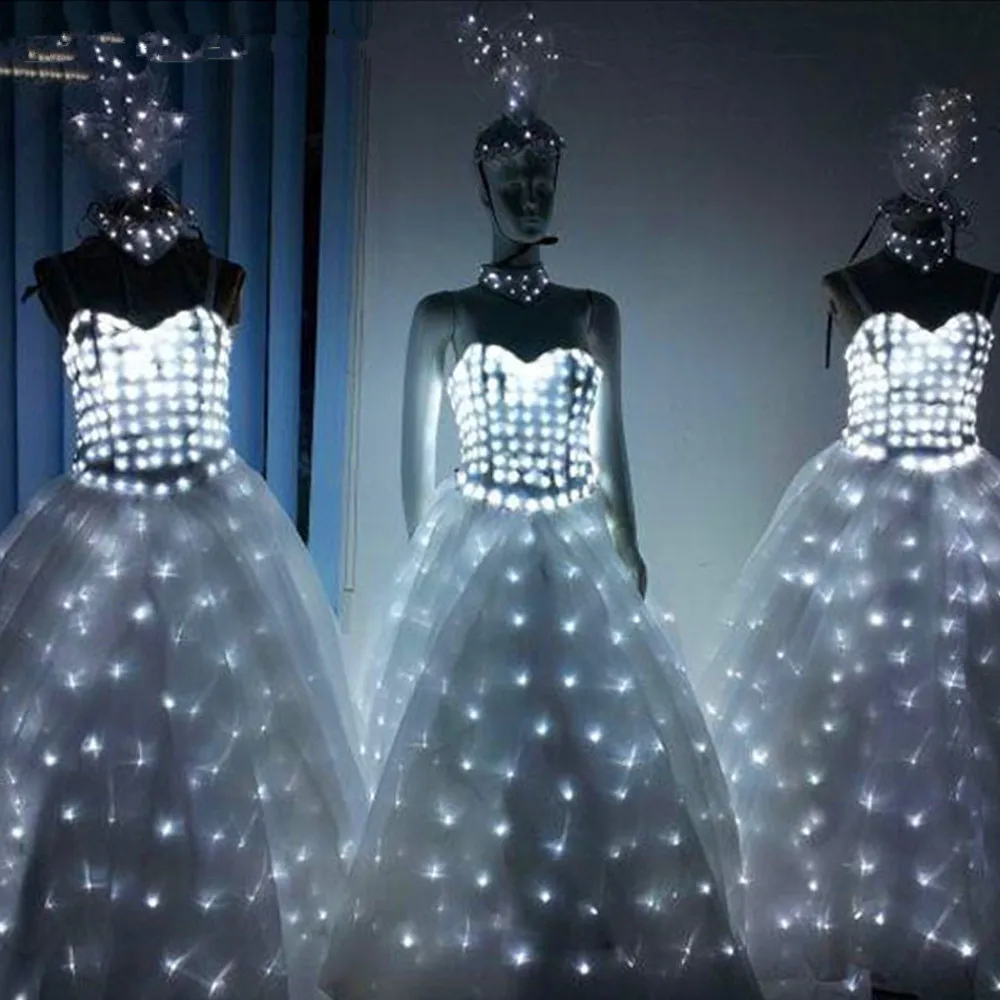 

Led Luminous Wedding Dress Led Light Up Women Performance Clothes Christmas Masquerade Flashing Party Dress, Red