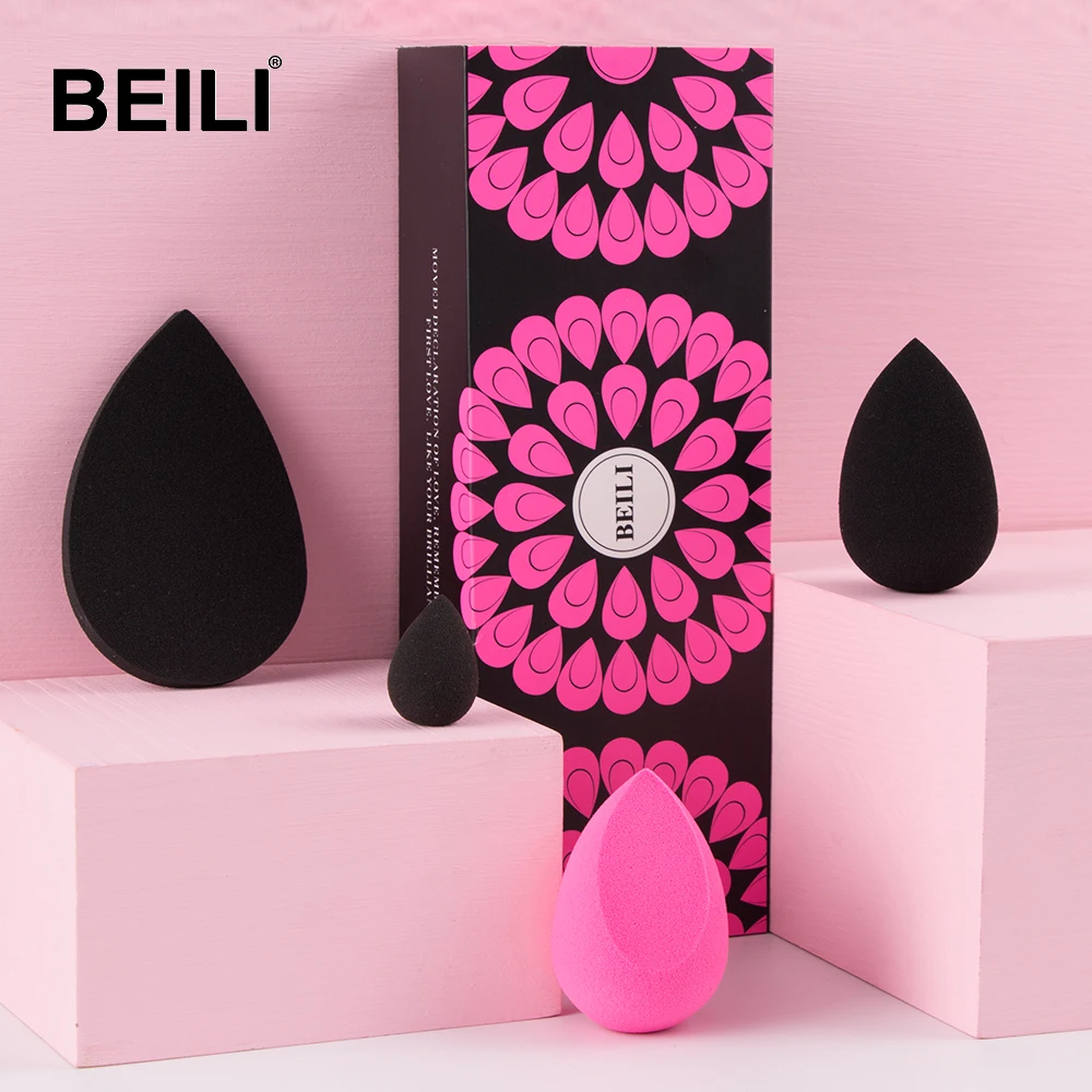 

BEILI cosmetics Sponge 4pcs makeup blender sets beauty foundation non latex makeup sponge puff private label packaging box, Black
