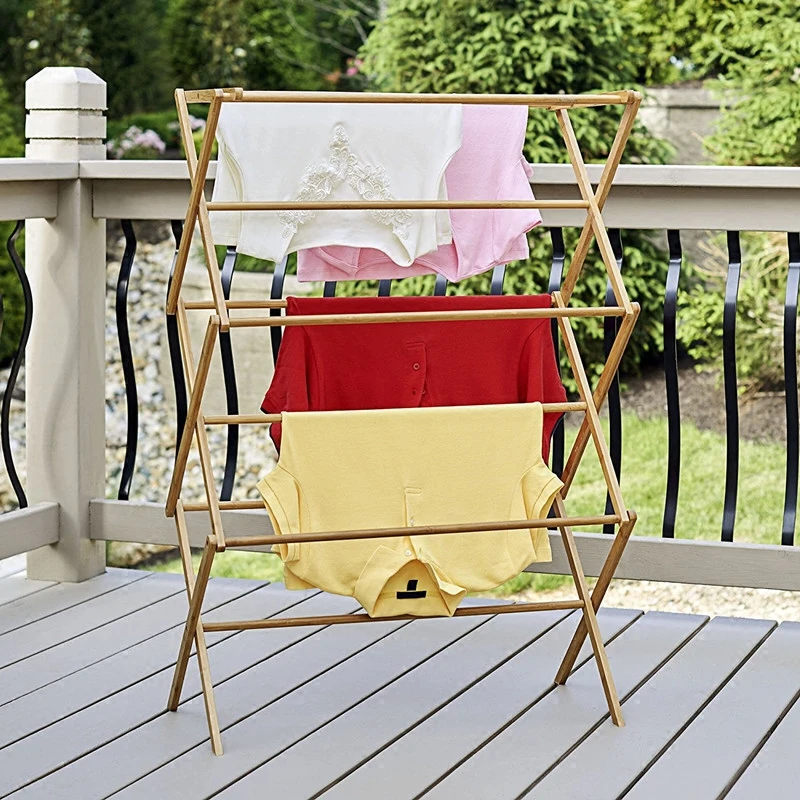 

Floor clotheshorse folding bamboo wood balcony towel rack, Natural bamboo color