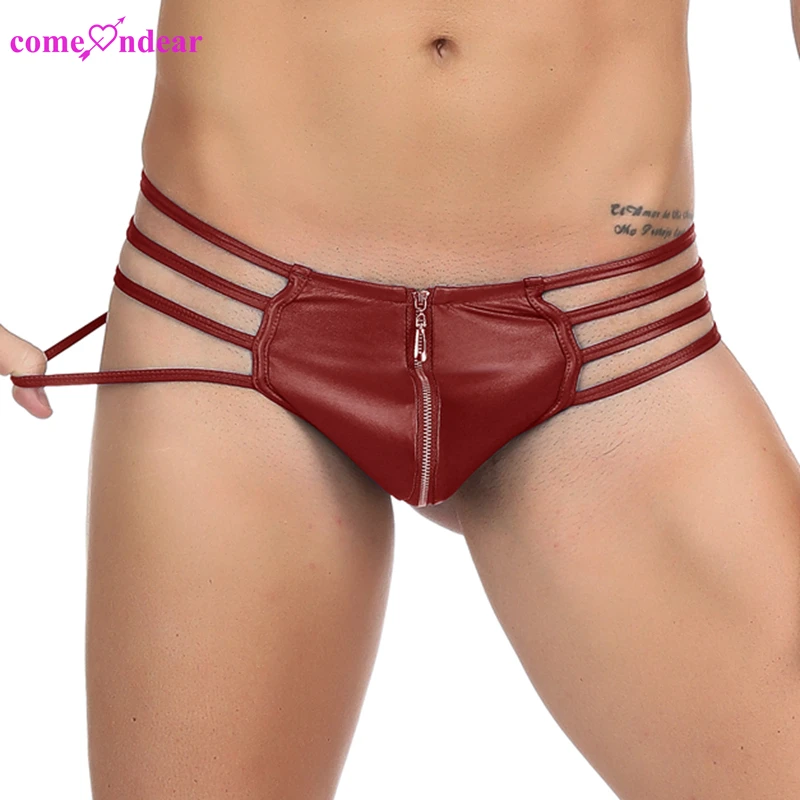 

Dropshipping red leather zipper micro latex g string for man