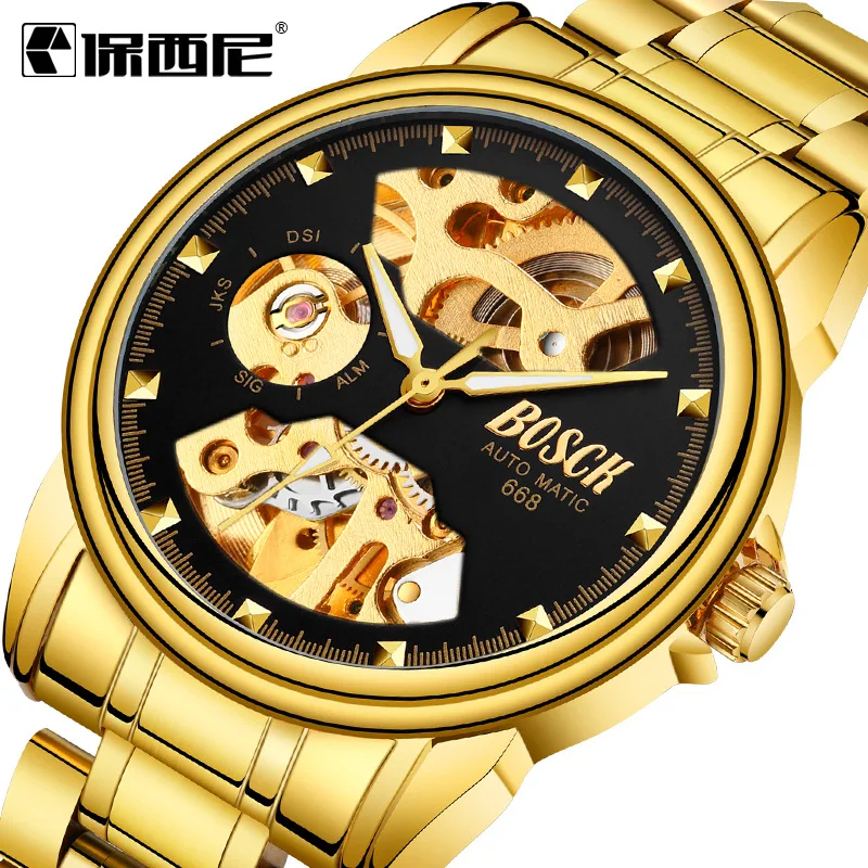 Famous Brand BOSCK Men Luxury Wristwatches Self-winding Steel Belt Full Automatic Mechanical Skeleton Business Wrist Watches OEM