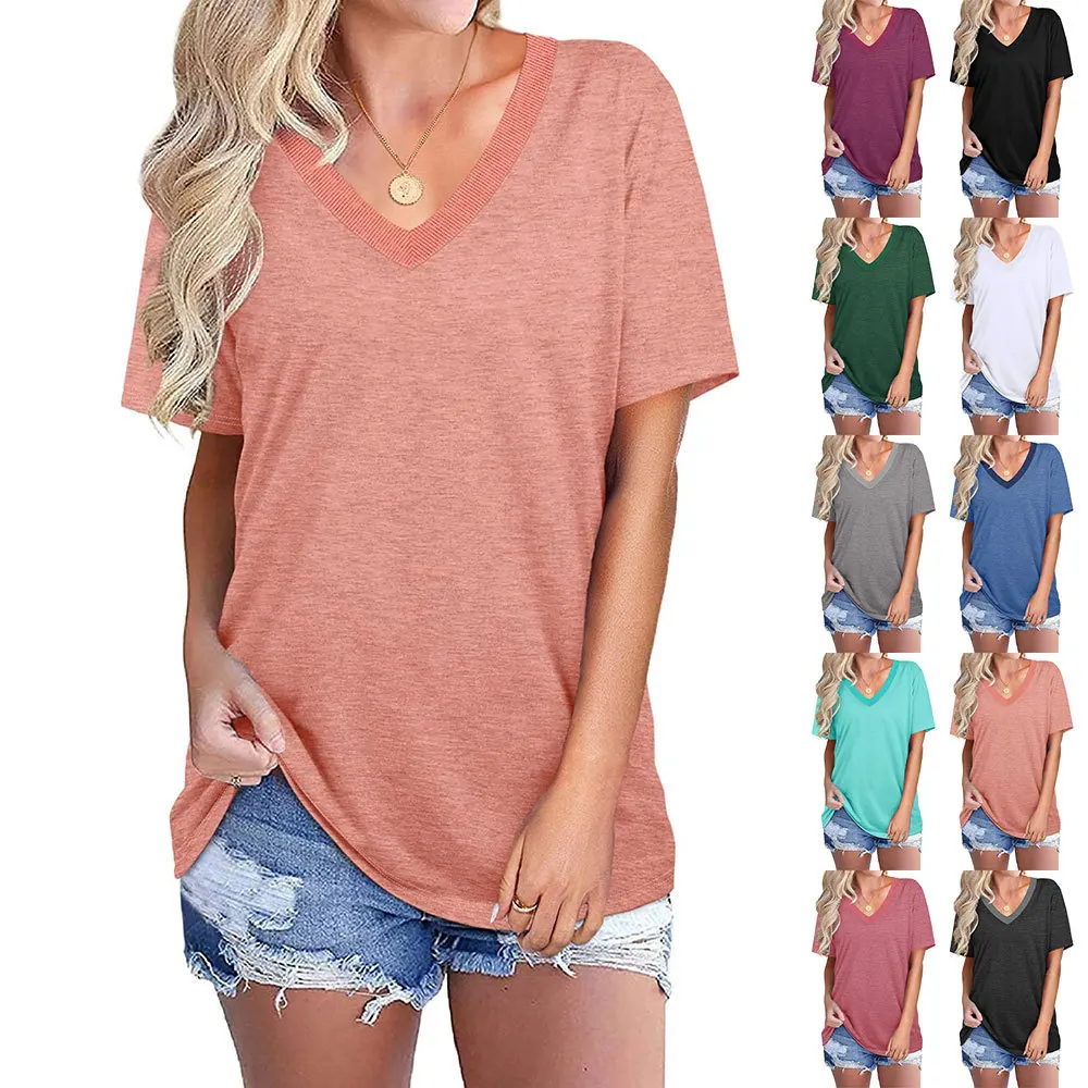 

Mason cross-border women's blouse European and American loose fashion solid color ribbed V-neck short-sleeved t-shirt women