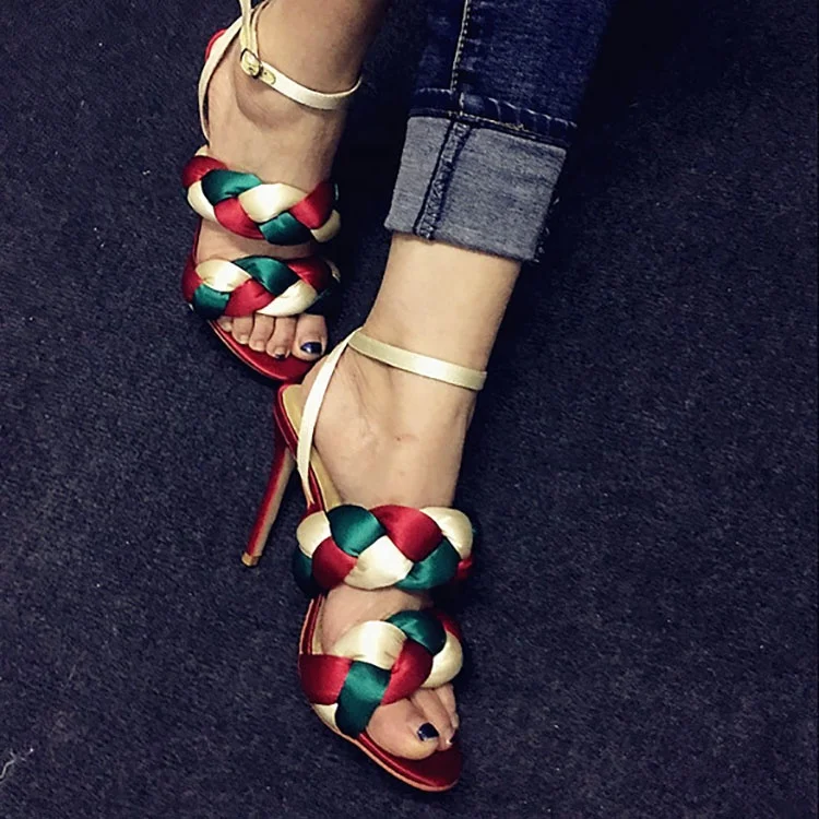 

2020 fancy satin wave and customization wholesale ankle wrap heel sandals for women