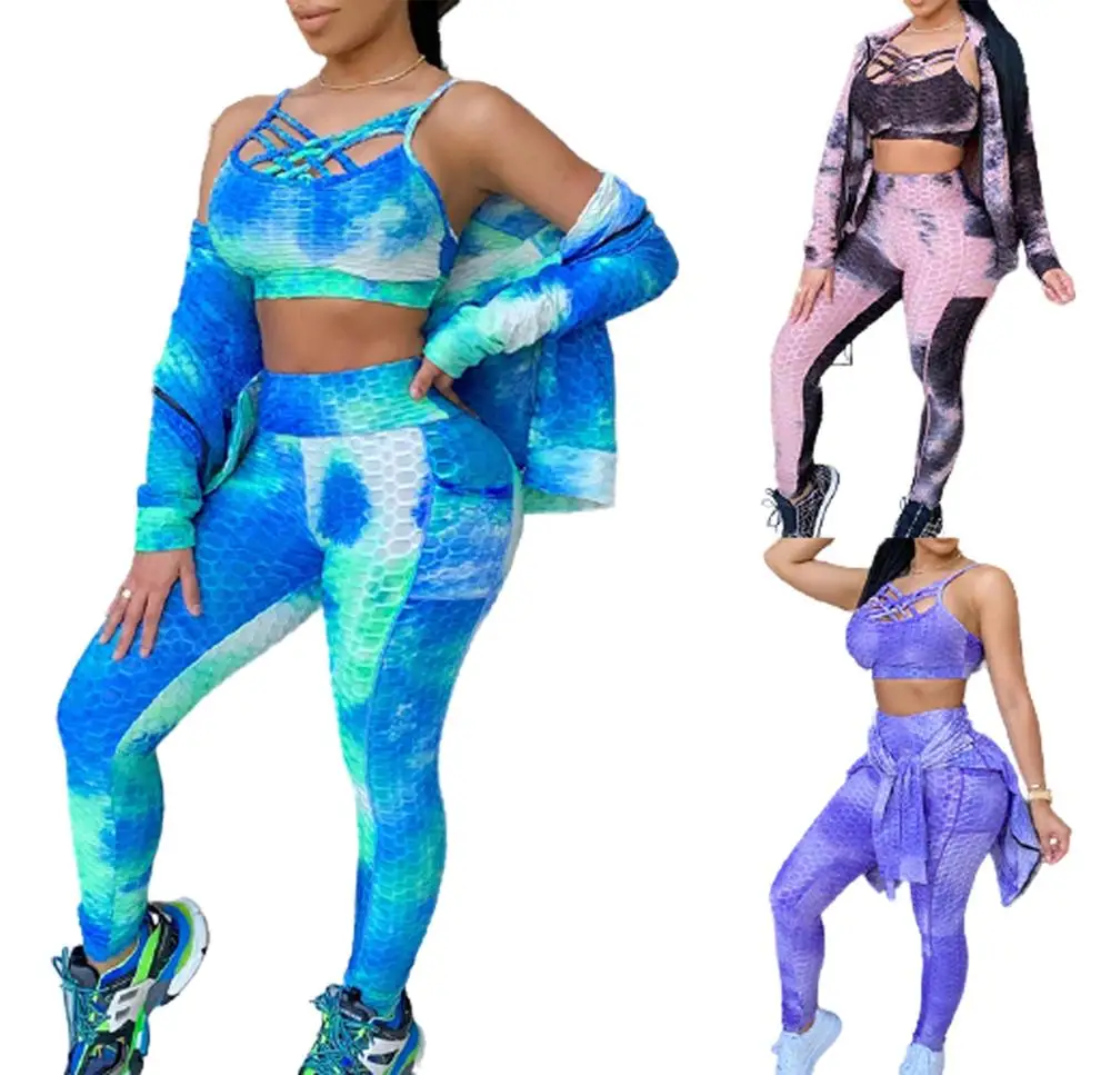 

EB-2021011853 Women Gym Wear Yoga Set 3 Piece Tie Dye Long Sleeve Active Wear Clothing Ladies Yoga Sets Fitness Women Sportswear