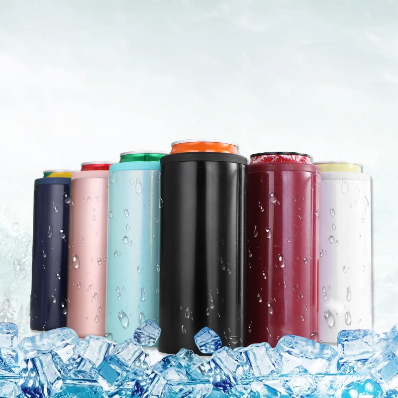 

Factory Custom Logo and Color Vacuum Triple Insulated Skinny Can Cooler Glitter for 12 oz Slim Cans Insulator