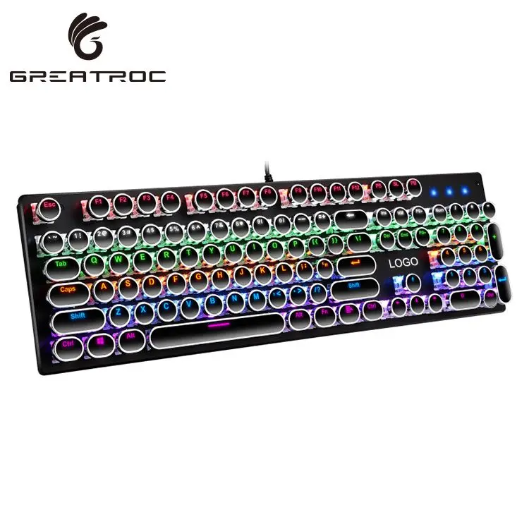 

Great Roc hot sale gaming keyboard wired mechanical LED RGB rainbow keyboard backlit with green switches 104 key gaming keyboard, Black