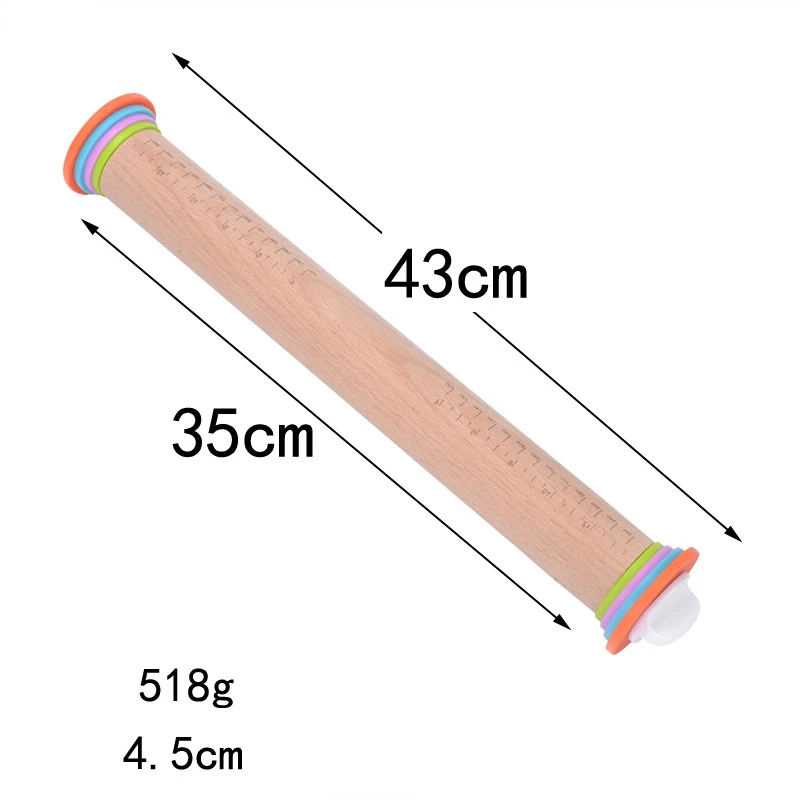 

Nonstick silicone rubber beech wood dough roll pin adjustable rolling pin with thickness rings