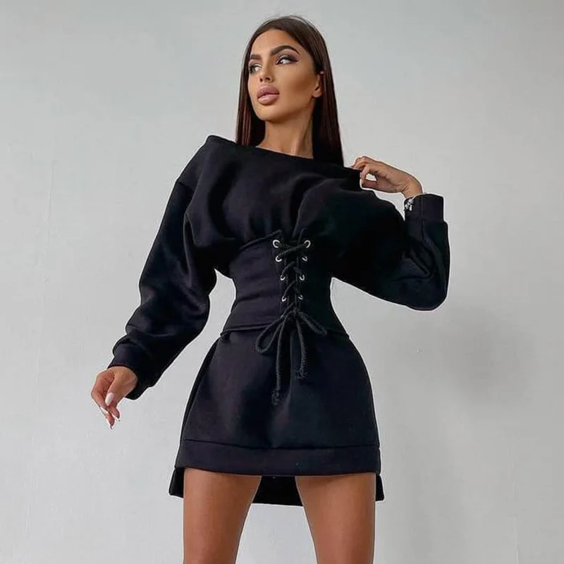 

2021 New Arrival Solid Long Sleeve Casual Mini Dresses Fashion Women Drawstring Corset Sweat Black And White Dress